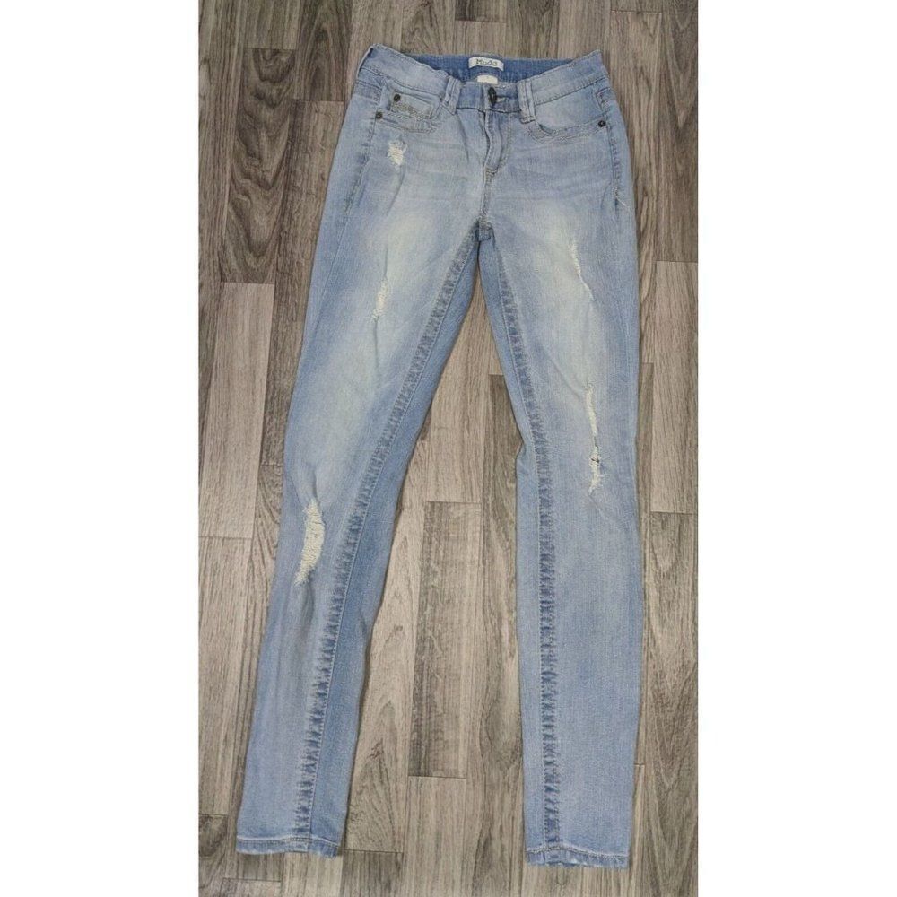 Mudd Juniors Size 3 Distressed Skinny Embroidered Denim Blue Jeans